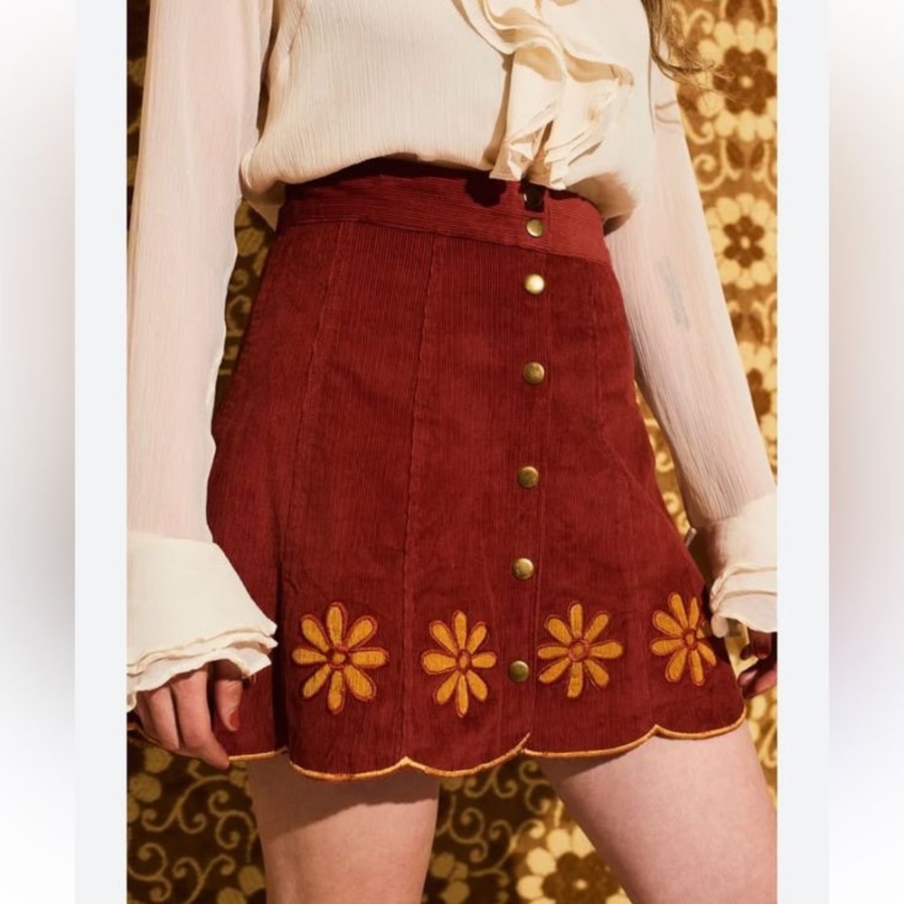 Hippie Shake Rust Corduroy Skirt with Floral Embroidery